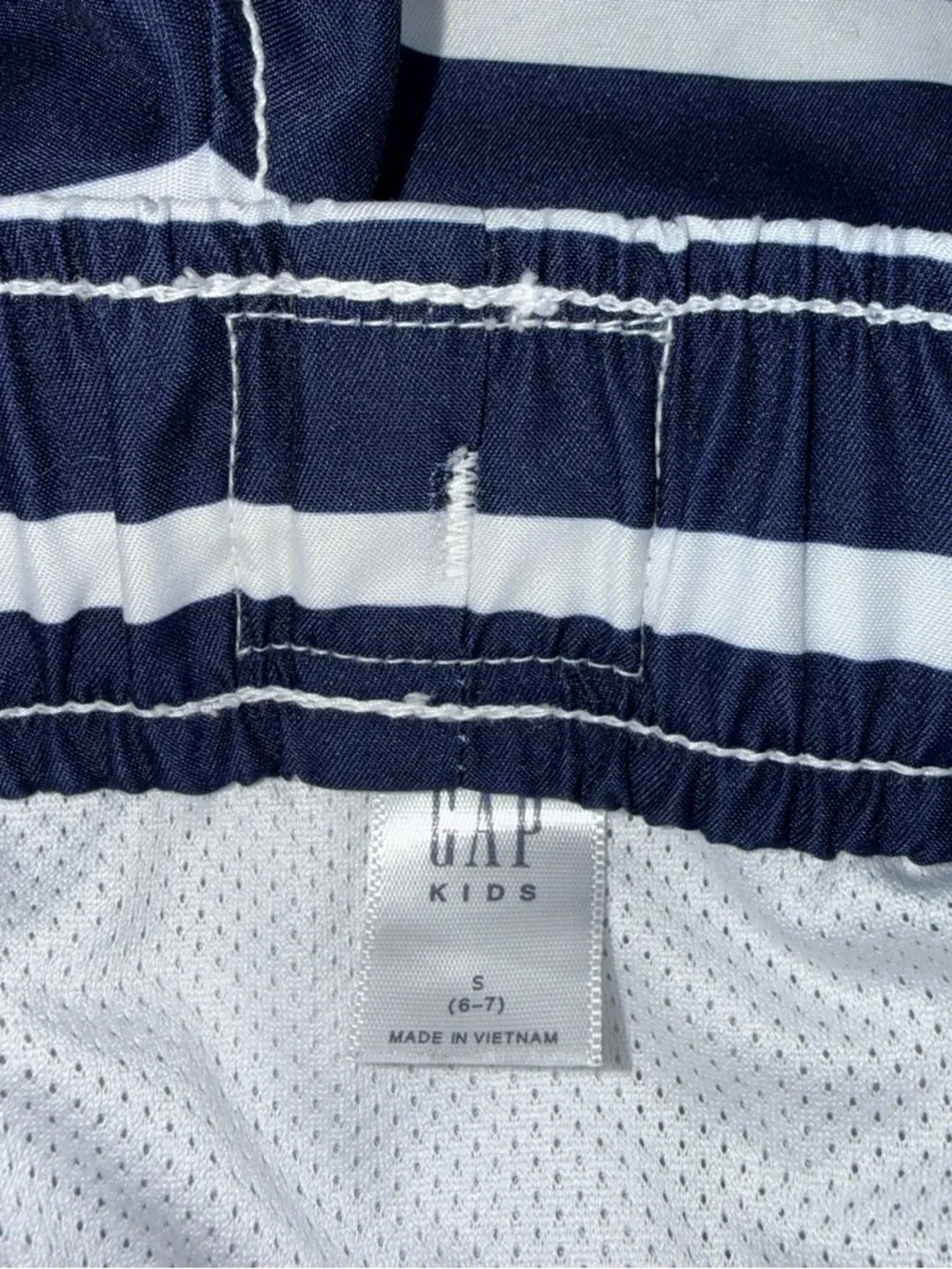 GAP Kids Navy and White Striped Boys Swim Trunks with Orange Drawstring